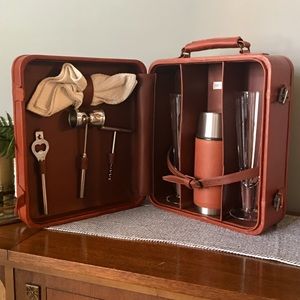 Vintage Pottery Barn Leather Travel Picnic Cocktail Bar Set
